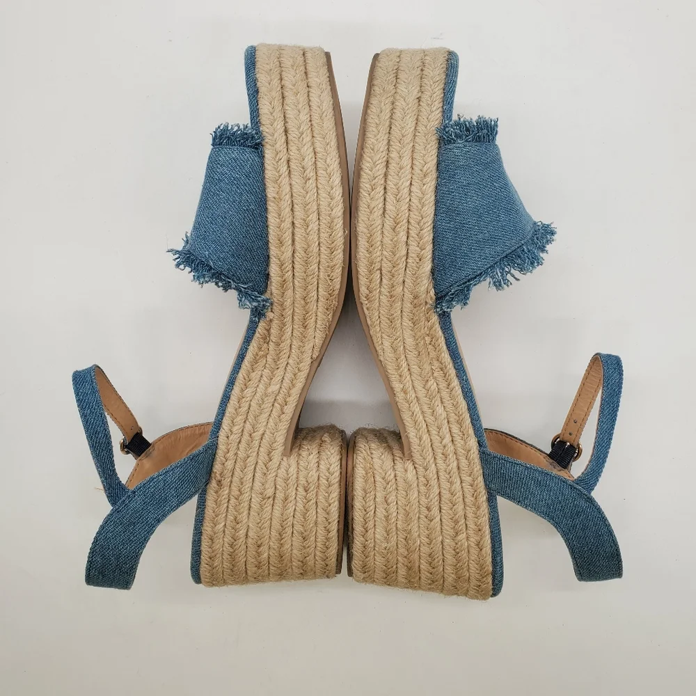 C Comfort Frayed Denim Espadrille Block Heel Platform Sandals Size 11